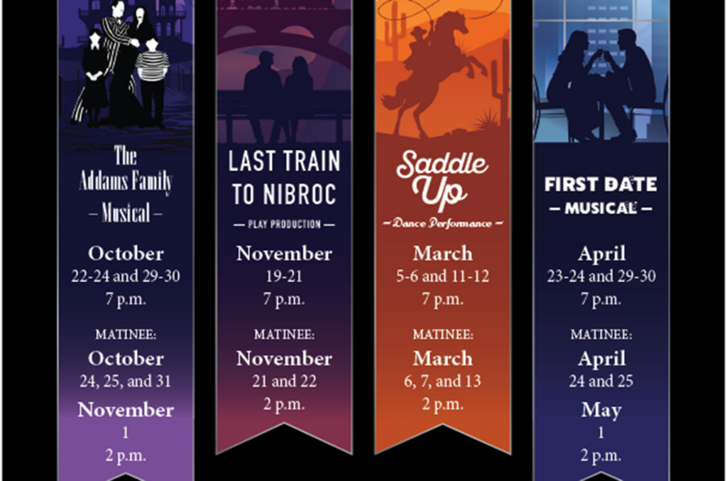 Four promotional banners announcing the Casper College Theater and Dance Season productions for 2026-2027.