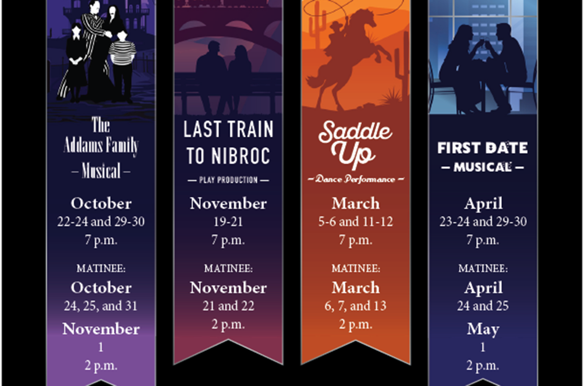 Four promotional banners announcing the Casper College Theater and Dance Season productions for 2026-2027.