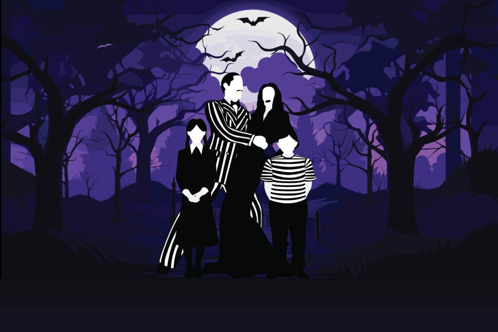 Graphic illustration for The Addams Family Musical showing four silhouetted family members in front of a purple moonlit sky with bats and bare trees.