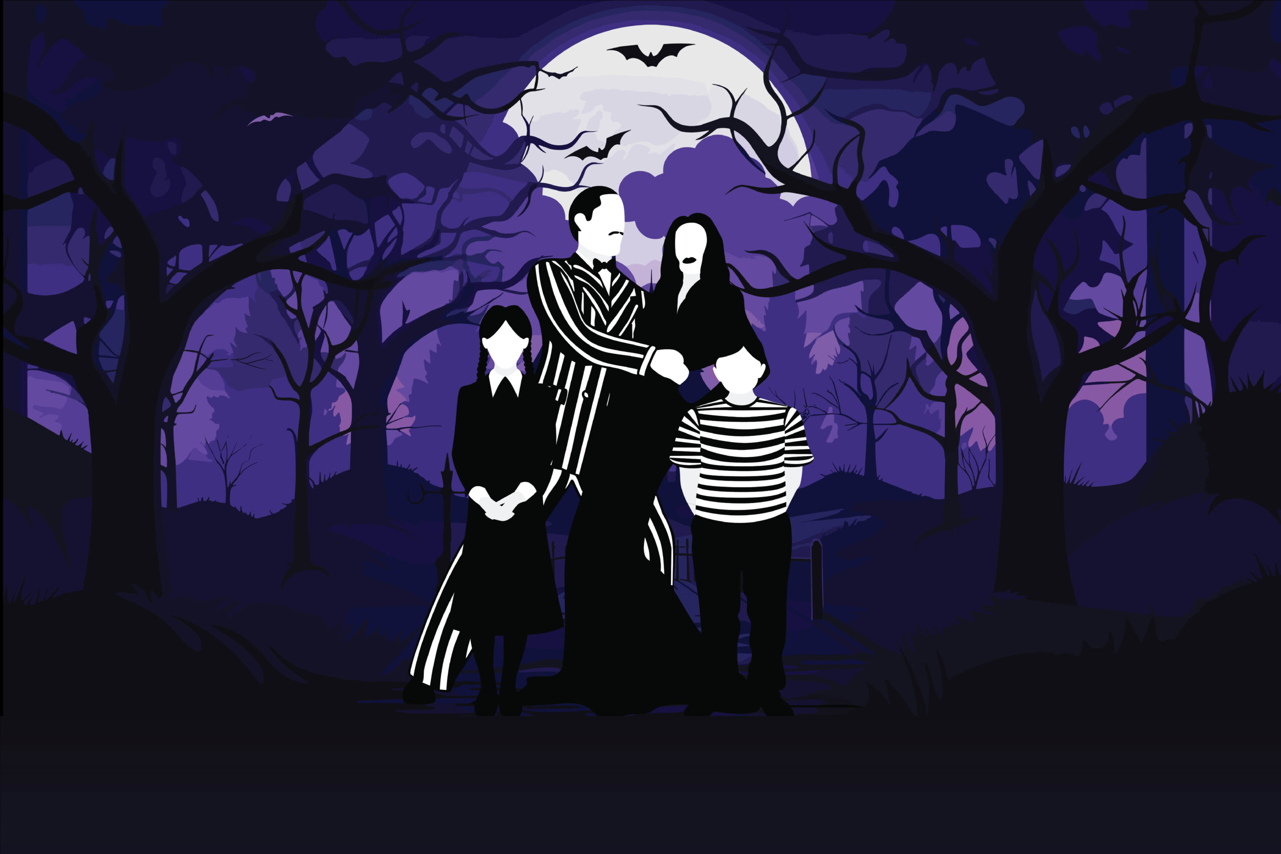 Graphic illustration for The Addams Family Musical showing four silhouetted family members in front of a purple moonlit sky with bats and bare trees.