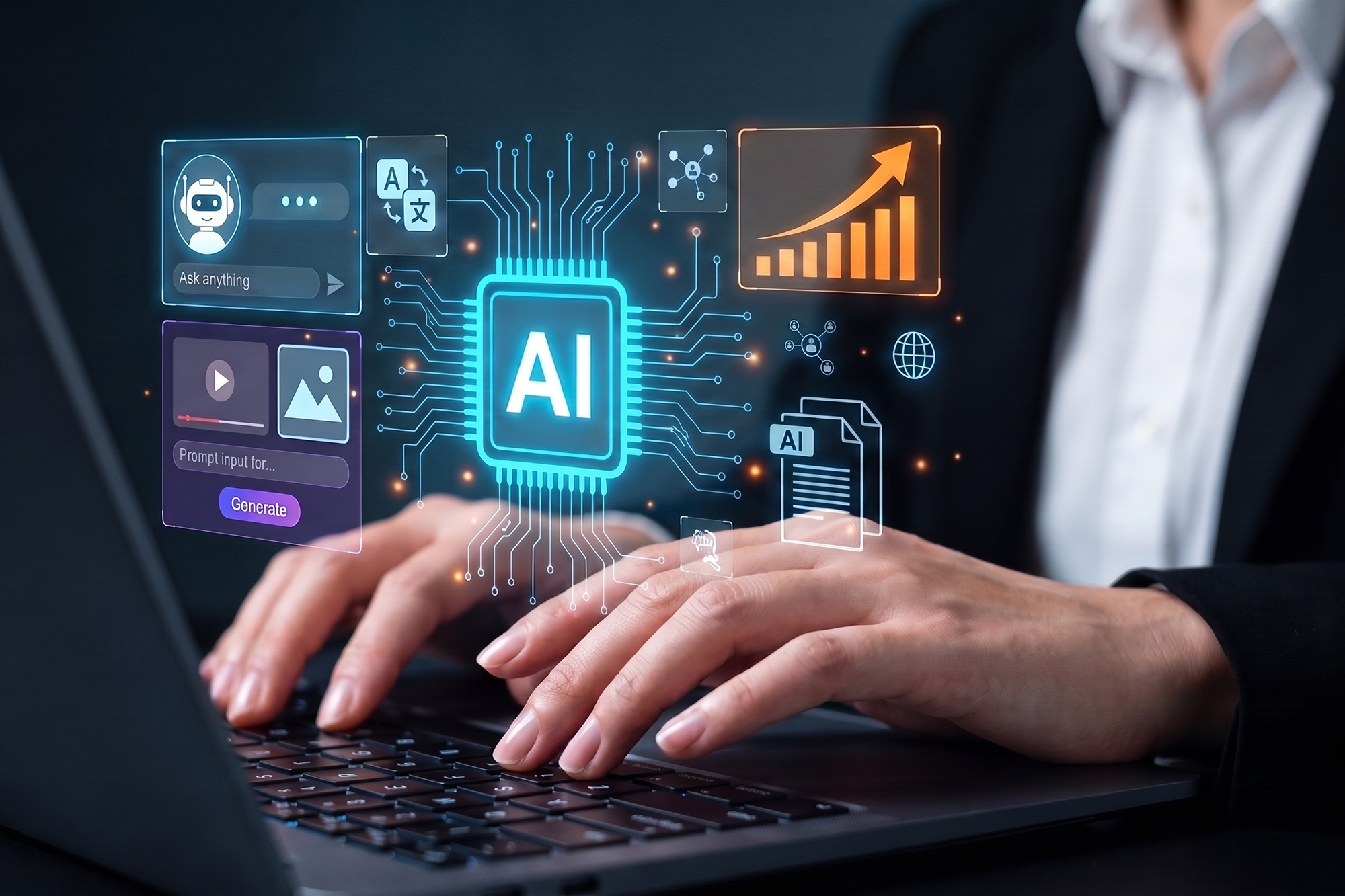 User typing on a laptop surrounded by digital holographic interfaces representing the artificial intelligence certificate program.