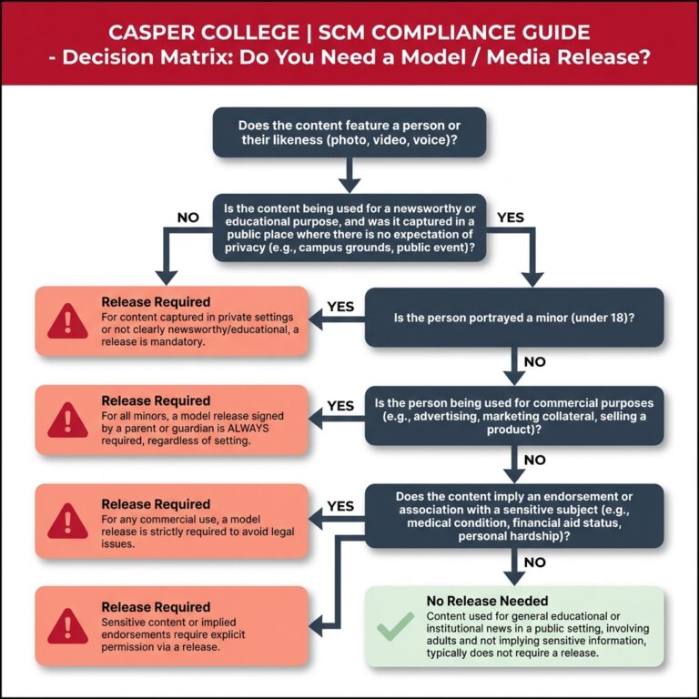 Flowchart titled “Casper College SCM Compliance Guide: Decision Matrix: Do You Need a Model/Media Release?” It asks whether content features a person or likeness, then guides users through questions about public/newsworthy use, minors, commercial use, and sensitive endorsements to determine whether a release is required or not needed.