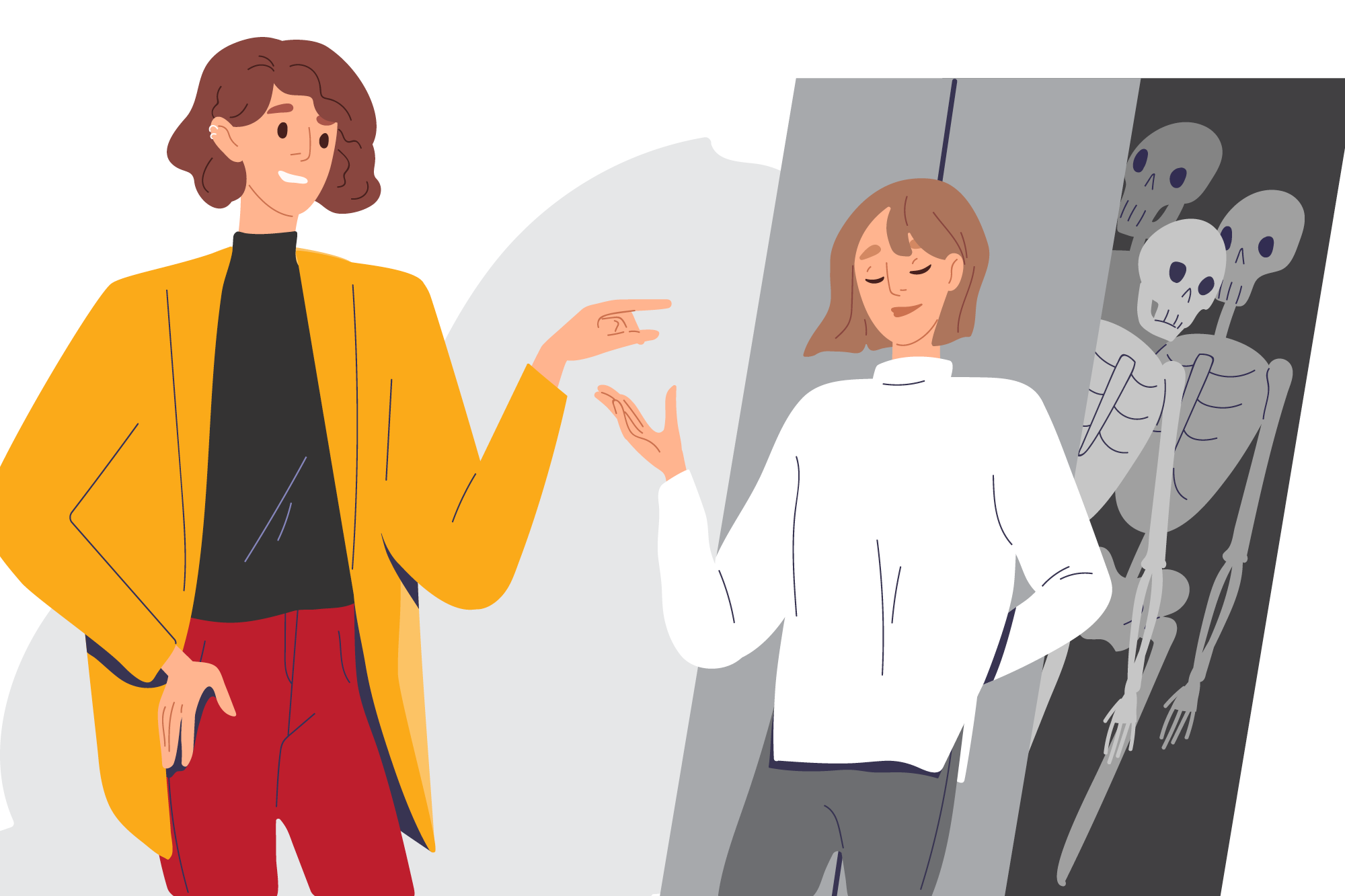 Illustration for the panel discussion showing two people in the foreground and stylized skeletal figures in the background.