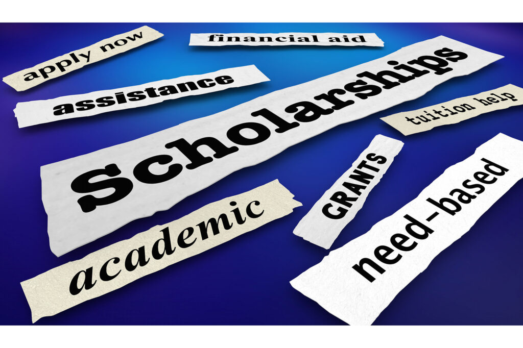 Collage of paper strips with Casper College scholarships, financial aid, and tuition assistance text.
