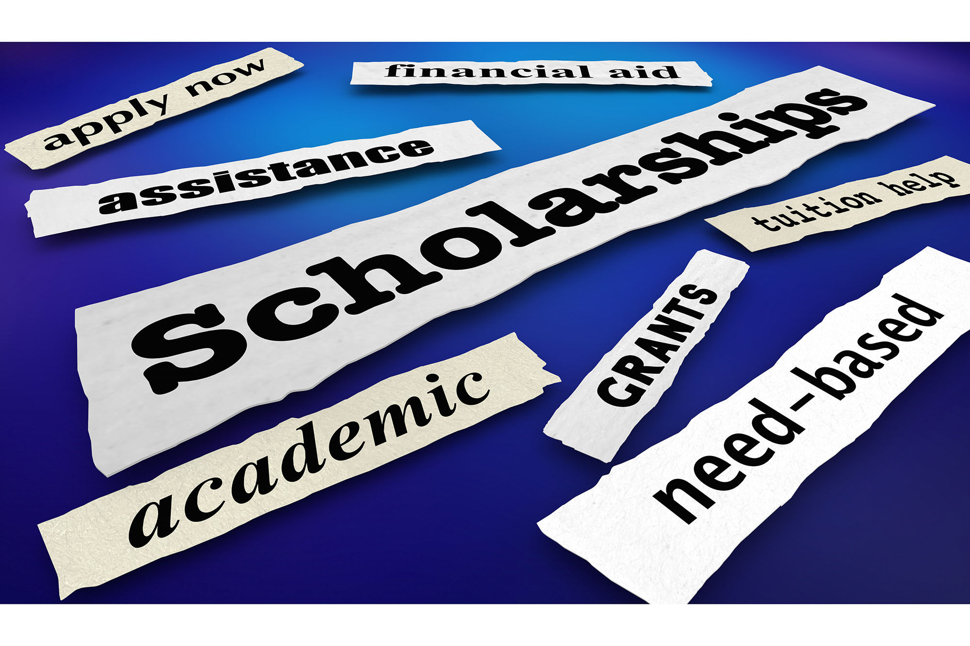 Collage of paper strips with Casper College scholarships, financial aid, and tuition assistance text.