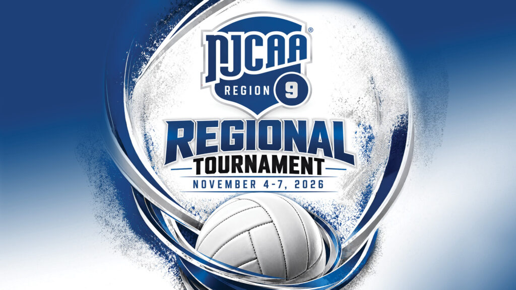 2026 NJCAA Region 9 Volleyball Tournament promotional graphic with blue and white logo, volleyball, and November 4-7 dates.