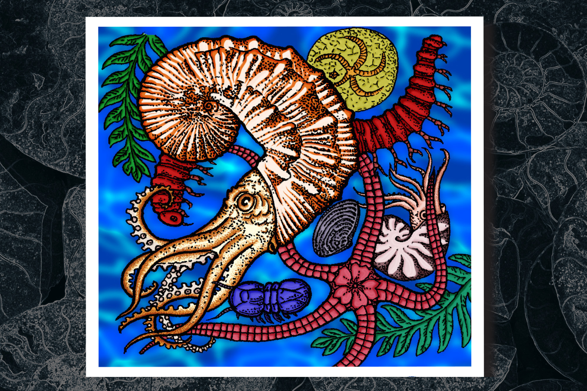 Prehistoric sea creature illustration promoting Fossil Day at the Tate Geological Museum at Casper College.